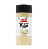 Badia Onion Powder jar close-up for quick, savory flavor in any recipe.