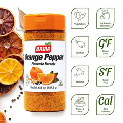 Badia Orange Pepper Seasoning bottle closeup highlights bold citrus and pepper.