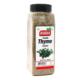 Badia Thyme Leaves jar close-up, aromatic herb for meats and roasts.