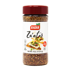 Badia Za'atar seasoning jar front view, premium blend ready to elevate Mediterranean dishes.