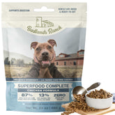 BADLANDS RANCH air-dried chicken dog food bag close-up highlights high-protein formula