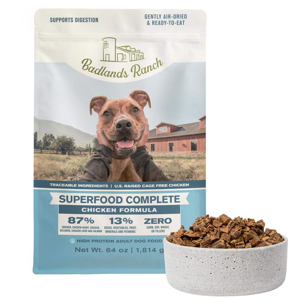 BADLANDS RANCH air-dried chicken dog food bag showing premium ingredients.
