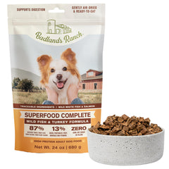 BADLANDS RANCH air-dried dog food bag highlighting premium ingredients for daily nutrition.