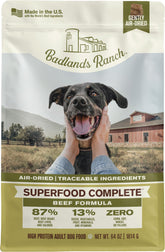 Badlands Ranch Superfood dog food bowl shows balanced nutrition for daily meals