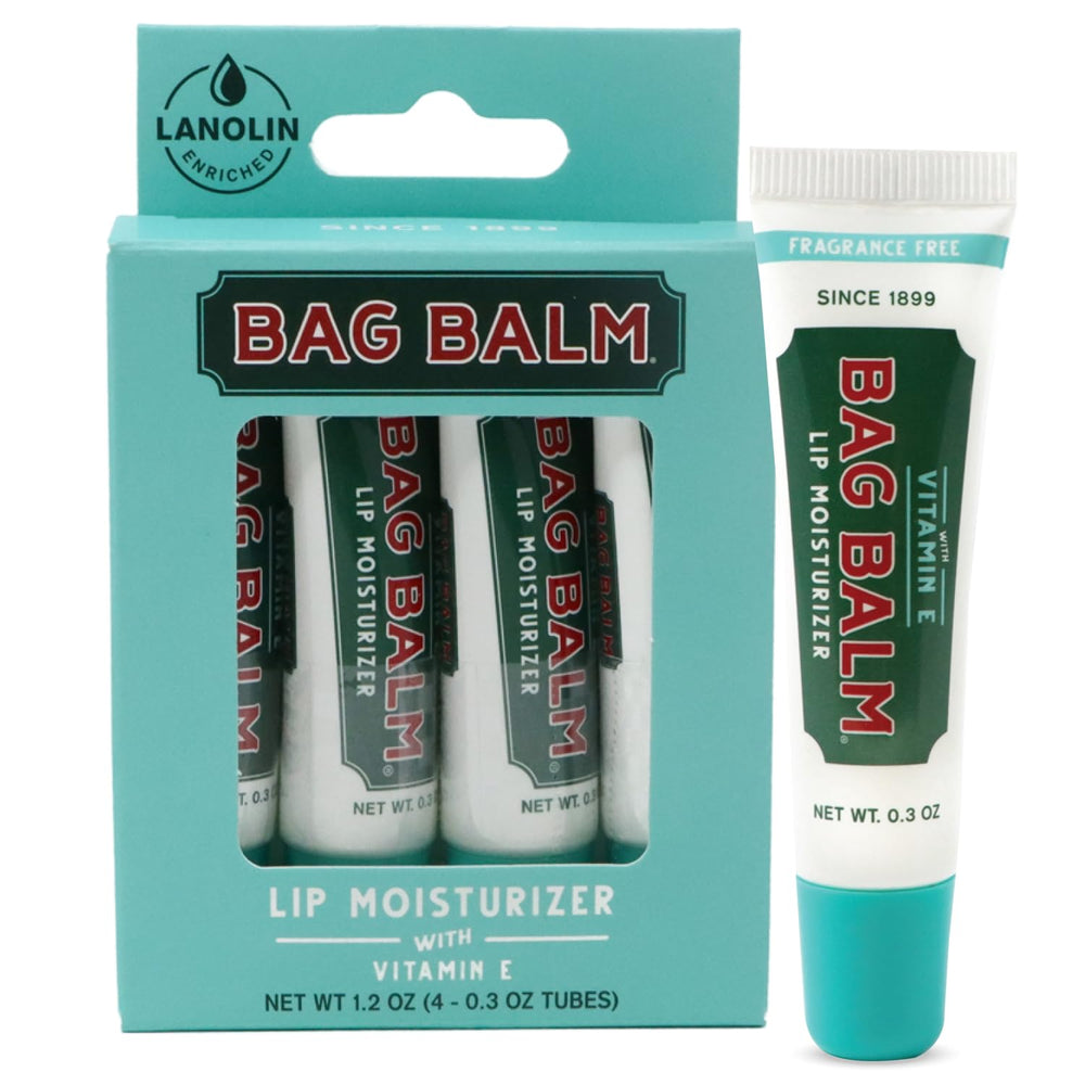 Bag Balm fragrance-free lip balm pack of four tubes for daily hydration.