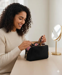 BAGSMART quilted makeup bag in peach-skin fabric for a soft, premium look.
