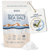 BAHA Baja Mineral Sea Salt with fine grain for finishing dishes.