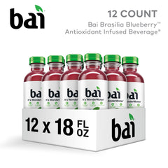 Pour shot of Bai Brasilia Blueberry highlights 1g sugar and Stevia sweetness.