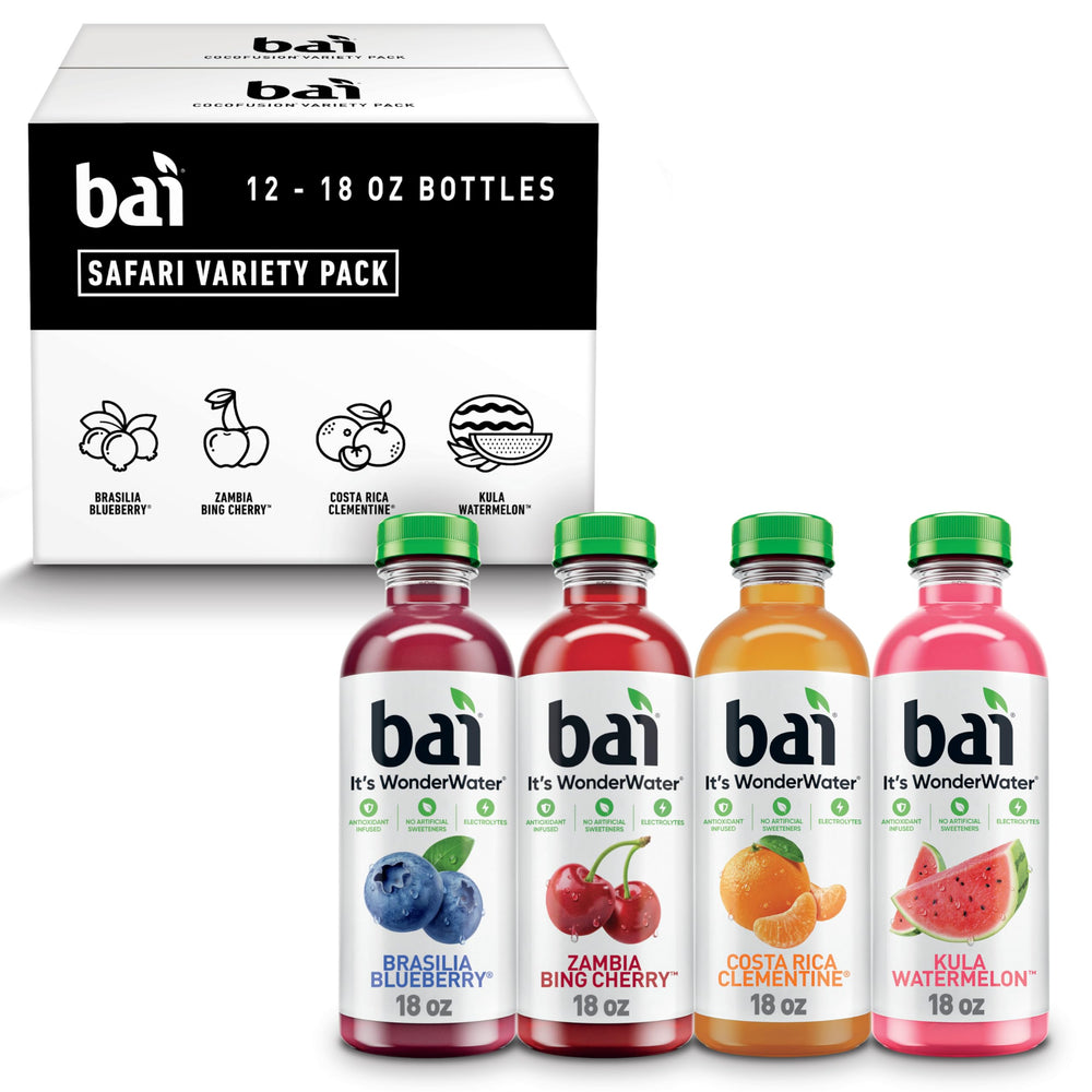 Bai Flavors Variety Pack bottle close-up showing antioxidant infused hydration.