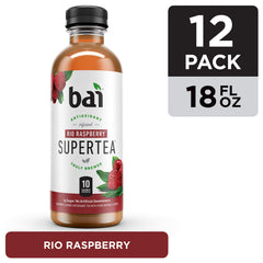 Chilled Bai Rio Raspberry bottle beside a glass on a table.