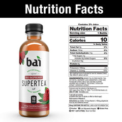 Bai Rio Raspberry label close-up highlights gluten-free, vegan attributes.