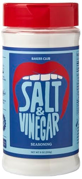 Bakers Club Salt & Vinegar seasoning jar on shelf adds tangy zest to snacks.