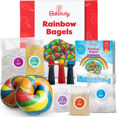Baketivity rainbow bagel kit with pre-measured ingredients for easy kid-friendly baking.
