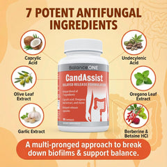 Balance ONE capsules close-up highlights caprylic and berberine for yeast support.