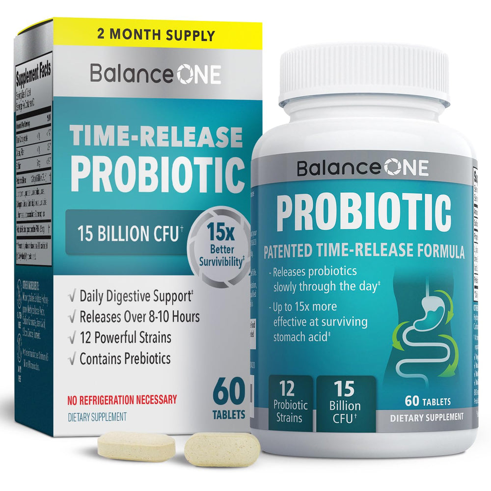 Balance ONE time-release probiotic bottle showing daily dosing and packaging benefits