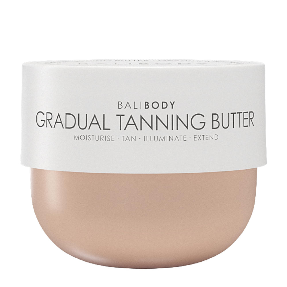 Bali Body Gradual Tanning Butter bottle closeup showing buildable glow.