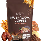 Balincer mushroom coffee packaging showing freshness and premium ingredients for steady energy.