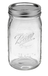 Ball quart jar with silver lid and wide mouth for preserving salsas and syrups