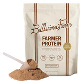 Ballerina Farm Creamy Chocolate whey protein powder tub for post-workout shakes.