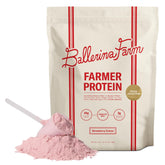 Ballerina Farm Strawberry Crème protein powder bag showing 24g protein per serving