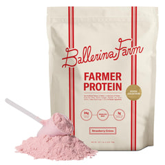 Ballerina Farm Strawberry Crème protein powder bag showing 24g protein per serving