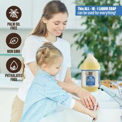 Bamboo and Birch castile soap liquid multi-use for body, dishes, and laundry.