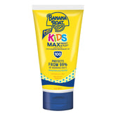 Banana Boat Kids Max Protect Play lotion bottle shows gentle SPF 100 protection for active children.