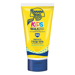 Banana Boat Kids Max Protect Play lotion bottle shows gentle SPF 100 protection for active children.