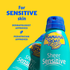 Banana Boat Sheer Sensitive spray texture dispersing evenly on skin.