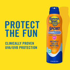 Banana Boat Sport Cool Zone SPF 50 spray mist provides fast-absorbing, non-greasy protection.