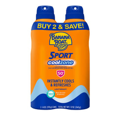 Banana Boat Sport Cool Zone SPF 50 spray bottle delivers instant cooling on hot days.