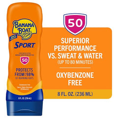 Banana Boat Sport Ultra SPF 50 lotion shown during activity, water-resistant.
