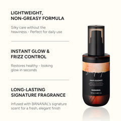 Bananal glass hair shine bottle highlights frizz control for a glossy finish.