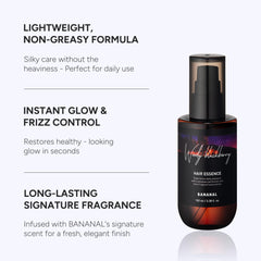 BANANAL glass hair shine close-up shows frizz control for smoother finish.