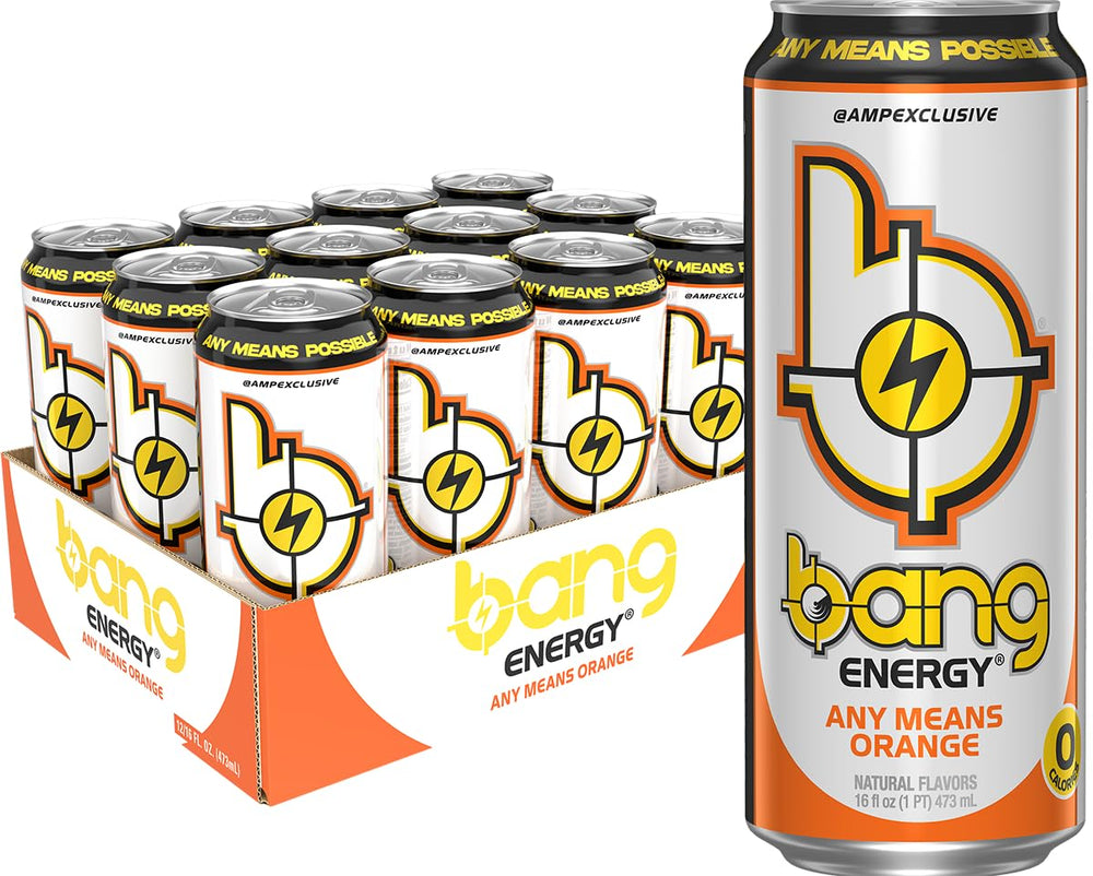Bang Any Means Orange bottle front, delivering bold flavor and a refreshing energy boost.