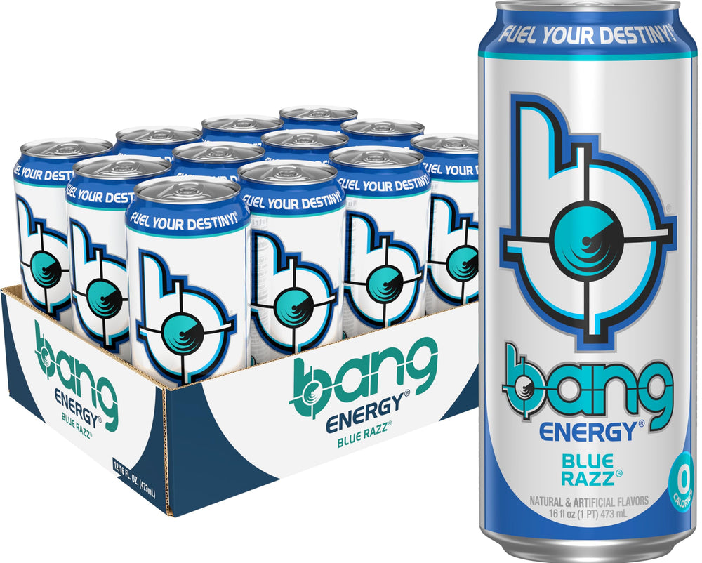Bang Energy Blue Razz can front view for on-the-go energy and flavor