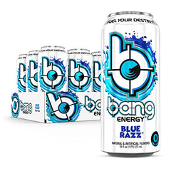 Bang Energy Blue Razz can label close-up highlighting vegan and gluten-free