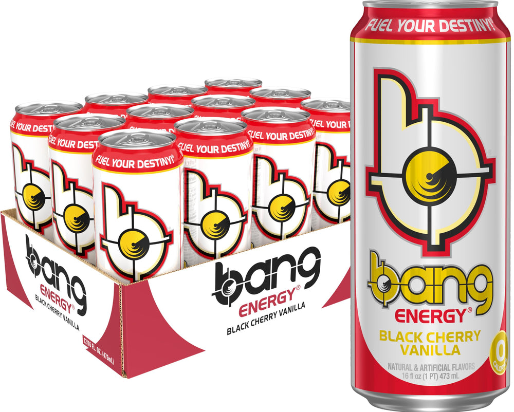 Bang Energy Black Cherry Vanilla can front view, sugar-free boost for workouts.