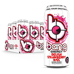Bang Energy Delish Strawberry Kiss label close-up highlighting design and zero-sugar claim.
