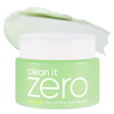 BANILA CO Clean it Zero Pore Balm packaging highlights vegan formula for easy makeup removal.