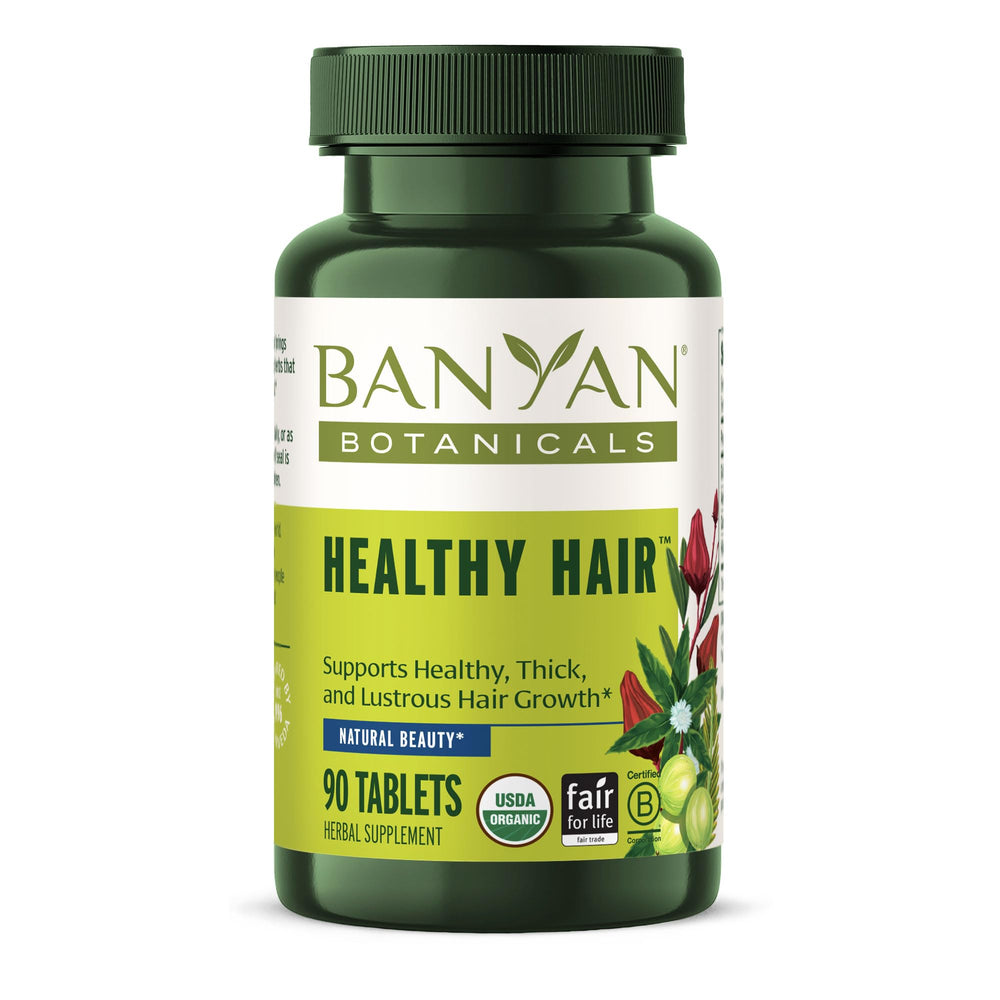 Banyan Botanicals Healthy Hair Supplement bottle promoting scalp vitality.