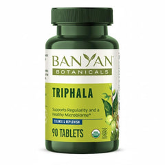 Banyan Botanicals Triphala tablets bottle front highlights organic, vegan detox support.