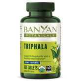 Banyan Botanicals Triphala tablets bottle showing label for gentle daily detox support.