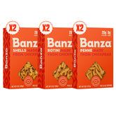 Banza variety pack pack shot showing gluten-free chickpea pasta for quick, satisfying dinners