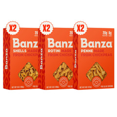 Banza variety pack pack shot showing gluten-free chickpea pasta for quick, satisfying dinners