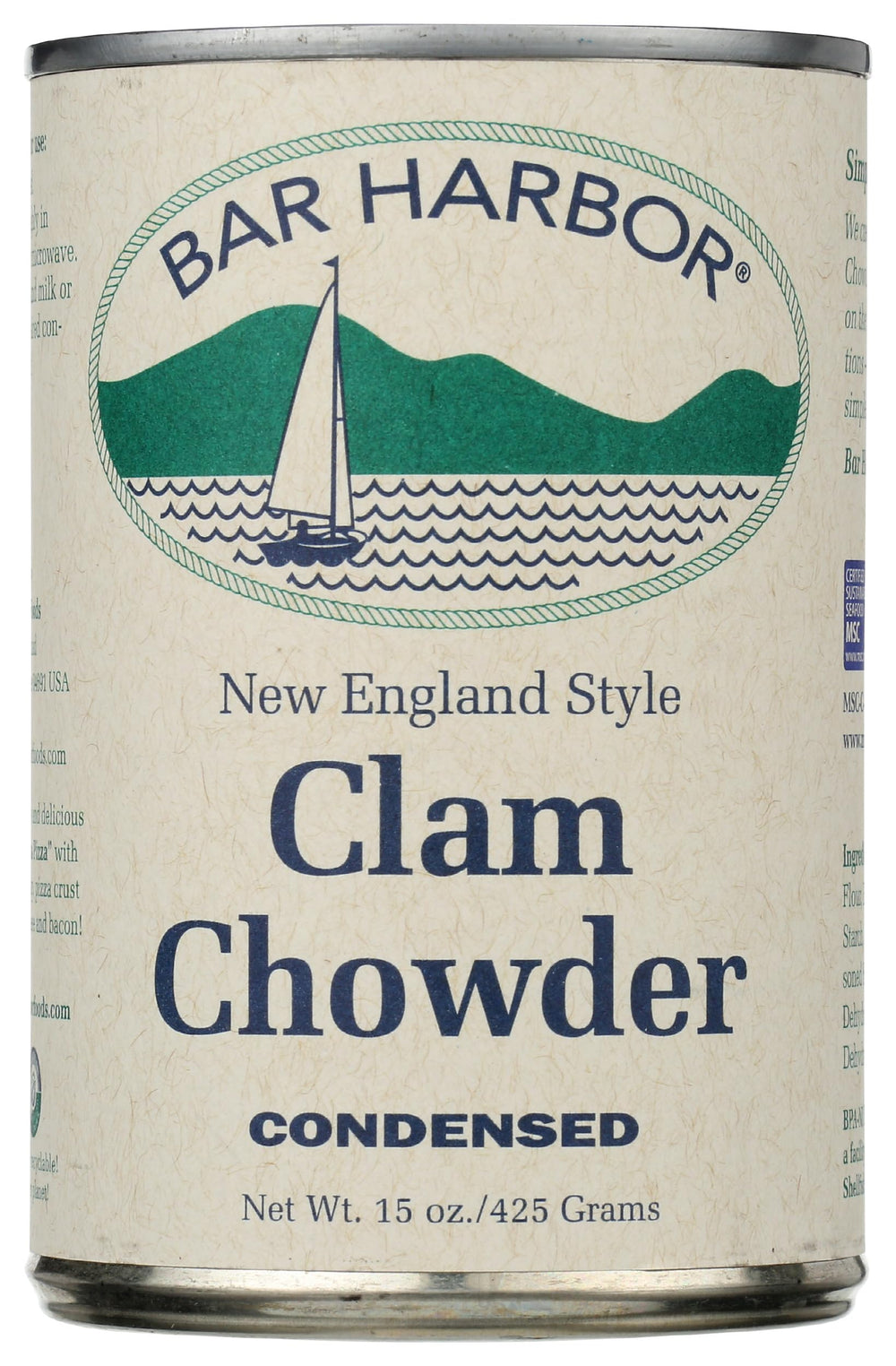 Bar Harbor Clam Chowder can-front displays the classic creamy texture for quick meals