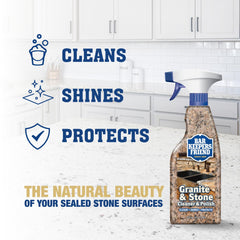 Bar Keepers Friend cleaner spray in action restoring shine on kitchen counters.
