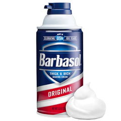 Barbasol Original shaving foam close up showing creamy cushion for smoother shave