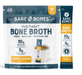 Bare Bones chicken bone broth stick-pack close-up showing on-the-go flavor and convenience.