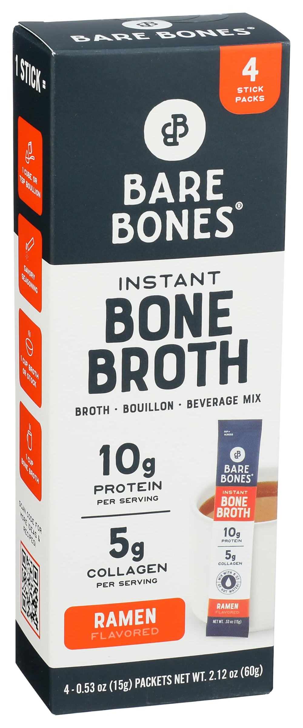 Bare Bones Ramen bone broth packet label closeup highlighting premium ingredients for quick flavorful broth.